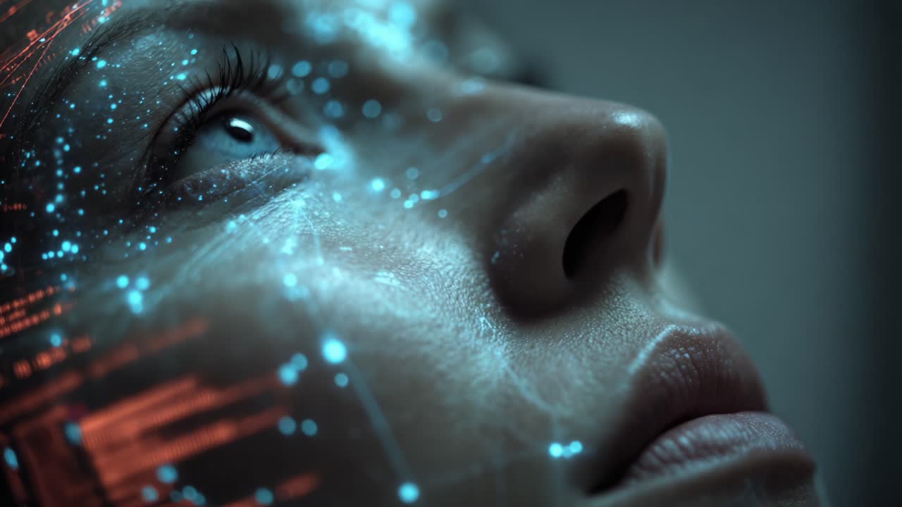 A close-up view of a face illuminated with digital patterns, showcasing the integration of technology and human emotion in a futuristic environment