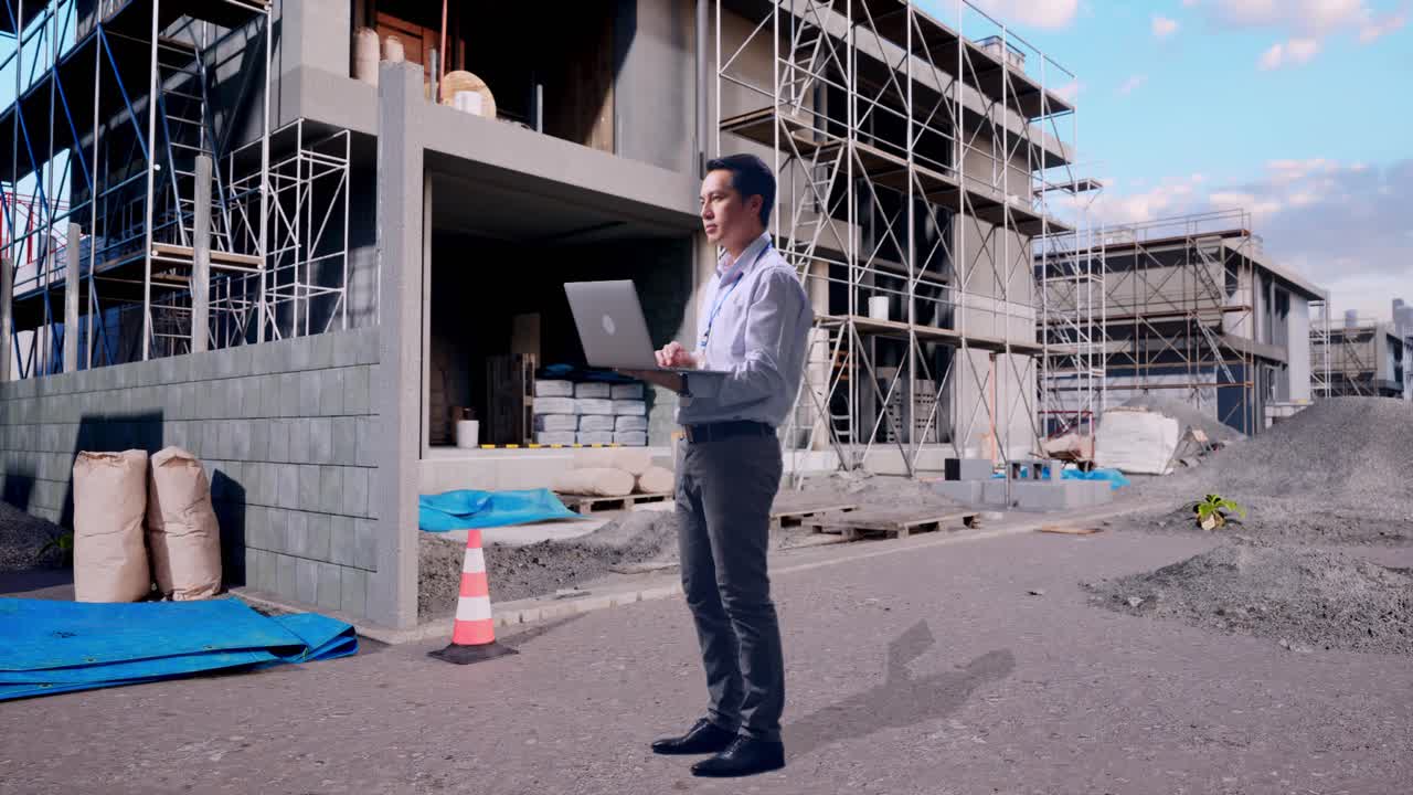 Vista lateral de cuerpo entero de un trabajador profesional asiático en una obra en construcción para una casa nueva, que observa mirando hacia arriba antes de concentrarse en el portátil y seguir escribiendo.