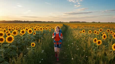 a young explorer walking through vibrant sunflower fields, embracing nature and adventure with a backpack, surrounded by a sea of yellow blooms under the bright sky