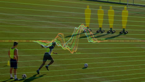 jugador de fútbol pateando la pelota con análisis de datos de rendimiento animación sobre el campo