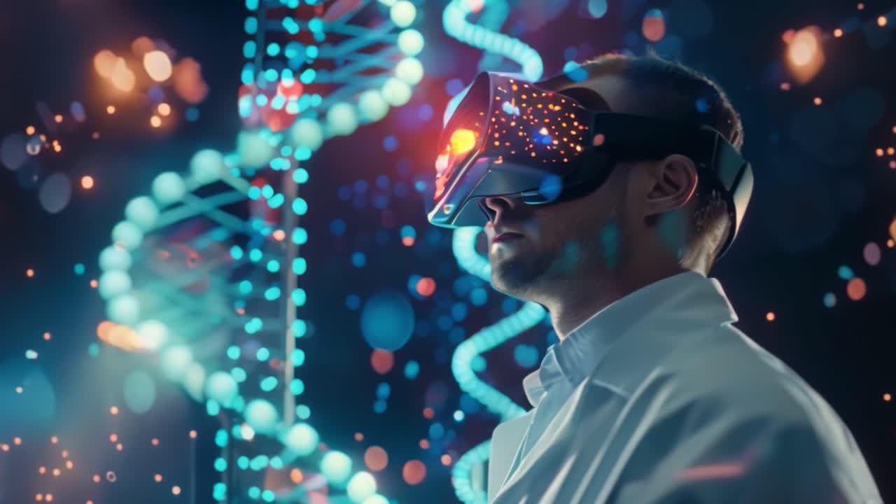 Man in VR Headset Interacting with Digital DNA and Futuristic Interface