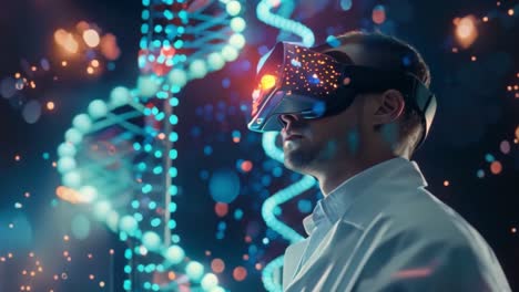 man in vr headset interacting with digital dna and futuristic interface