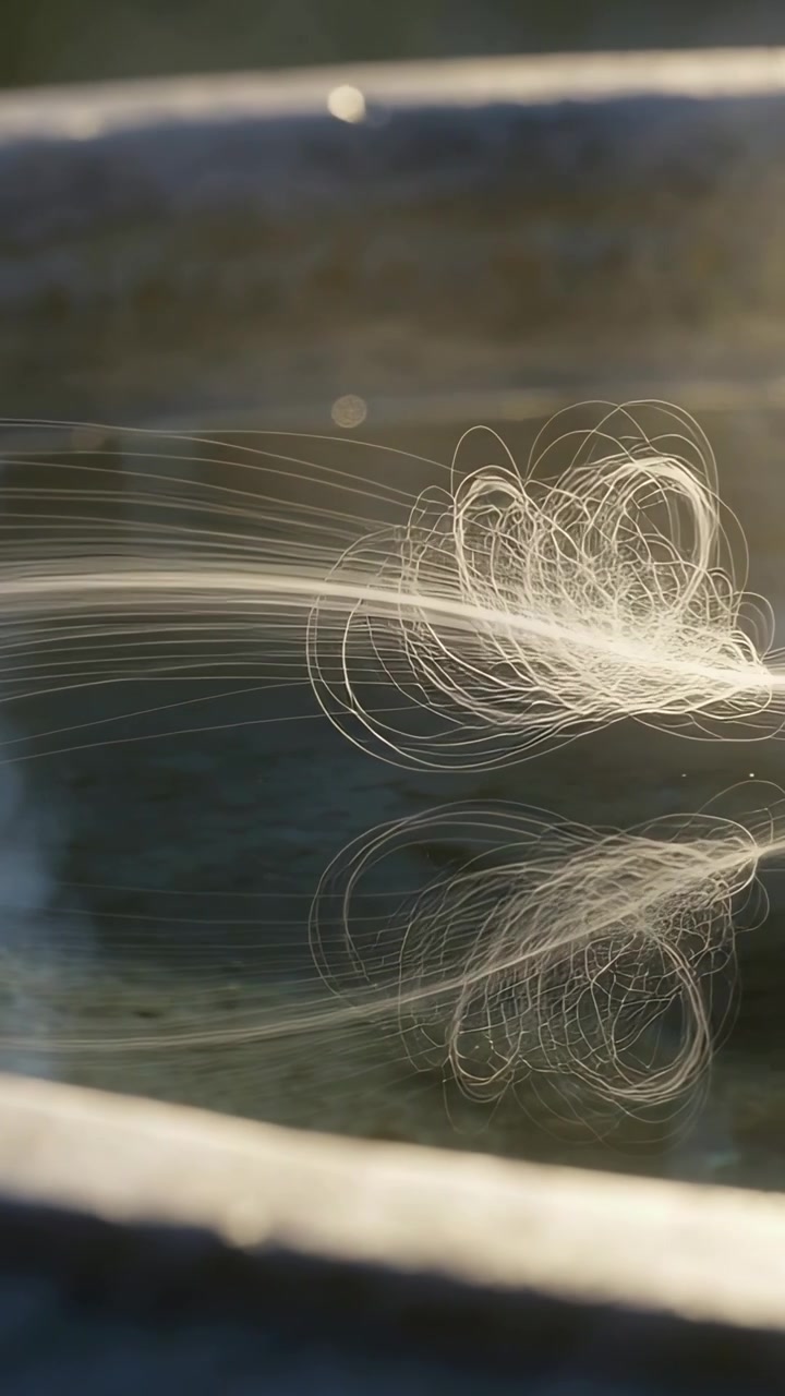 Video verticale: spinto dalla brezza, un seme setoso con peli ricci sfiora l'acqua del bacino, a riposo