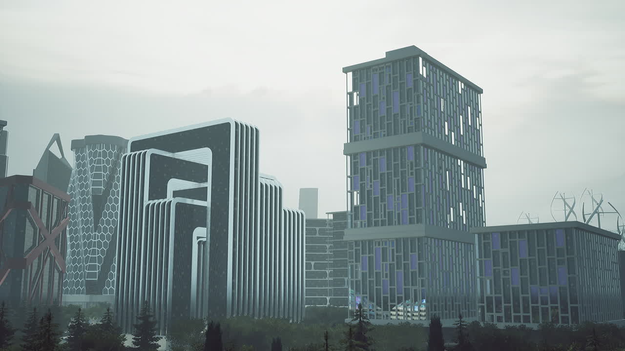 미래의 도시에서 높은 건물들의 집단