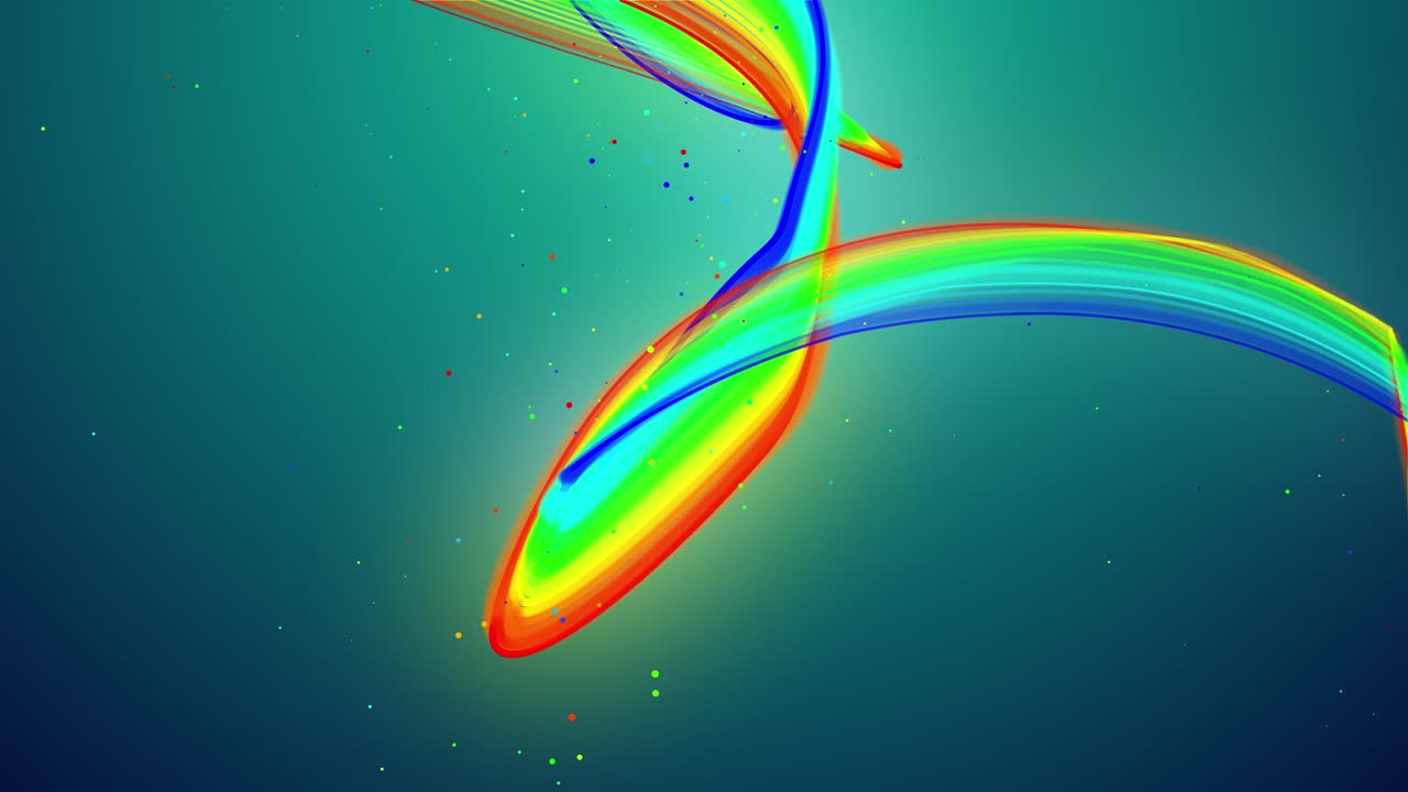 무지개 색의 반이는 선이 공중에 날아다니며 부드럽게 진동하고 파동합니다. 3d 추상적인 루프 창조적 배경은 반이는 리본과 같은 입자로 액체에 떠 있습니다. 알파 채널로 루마 매트.