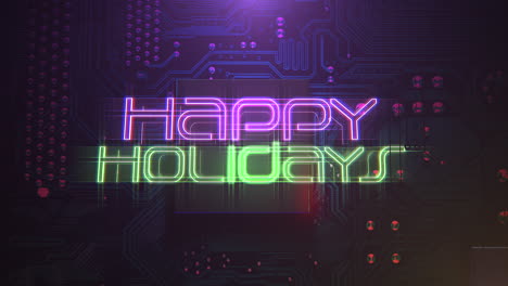 felices fiestas con chip de computadora y luz de neón