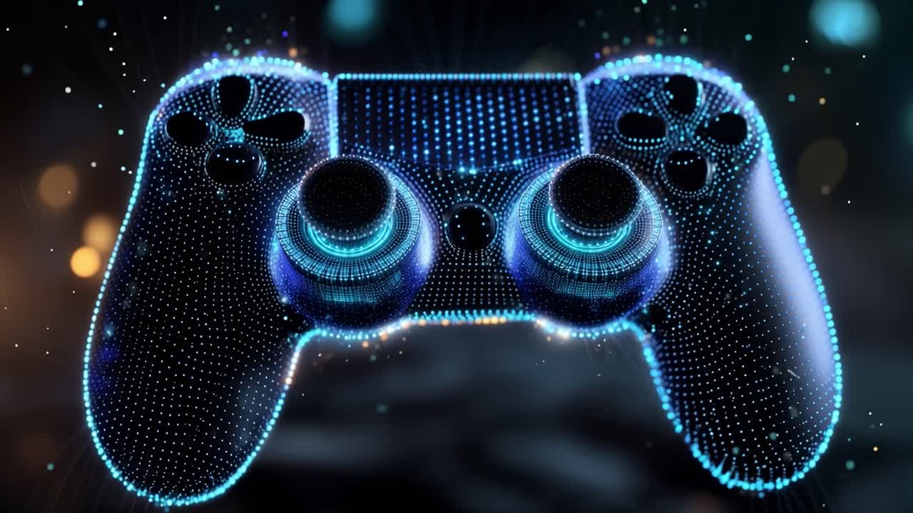 Glowing controller pulses with digital energy. Sparkling particles swirl around its contours. Futuristic design suggests gaming power. Ideal for digital entertainment or tech themes
