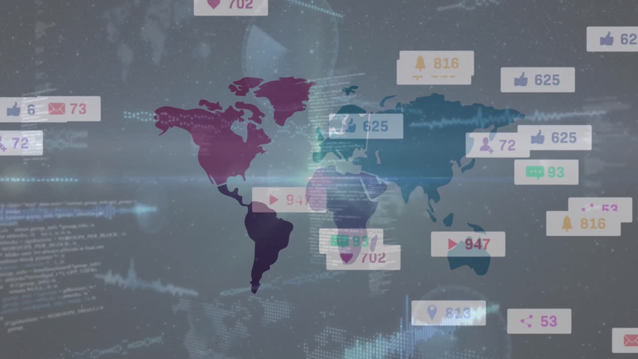 animación de iconos de redes sociales y procesamiento de datos sobre el mundo ma contra un fondo gris.