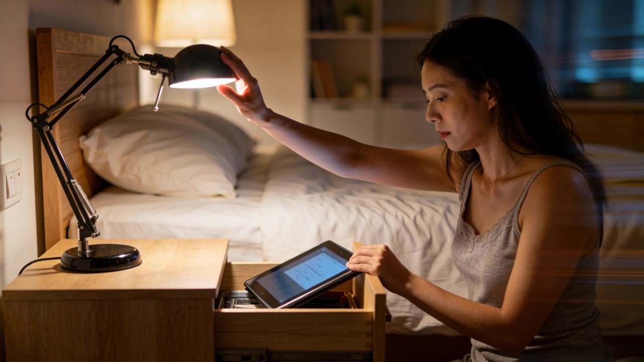 タブレットを手にするアジア人女性、グレーのトップスを着てベッドサイドでランプを点け、タブレットを操作。コピースペース。