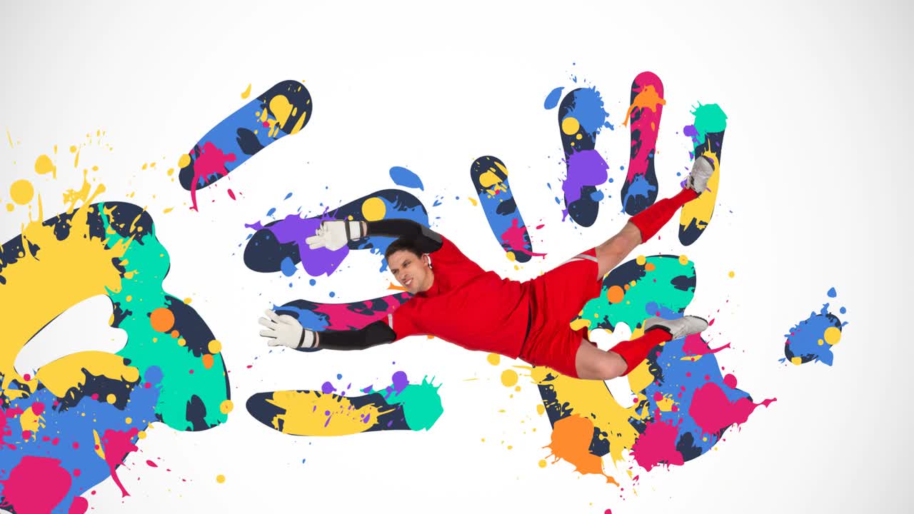 축구 골키퍼의 애니메이션이  ⁇  바탕에 있는 다채로운 손자국 위에 있습니다.