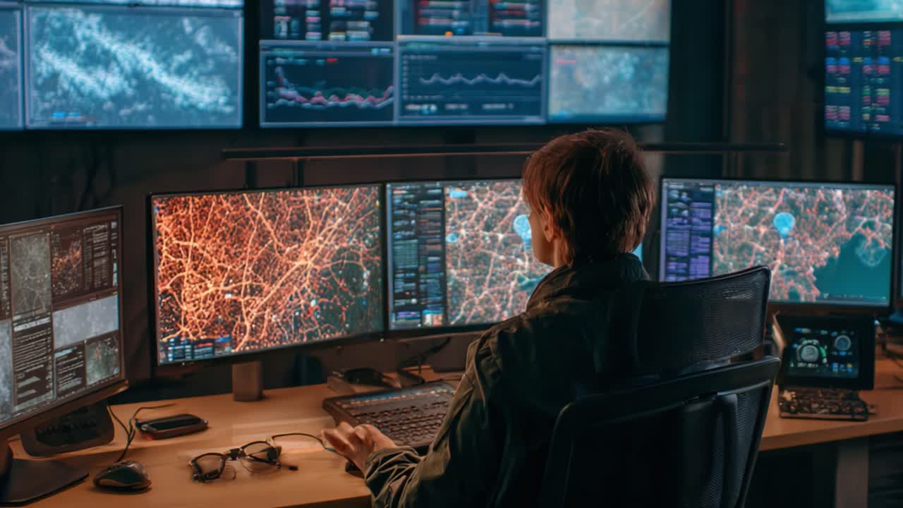 Analysis in Action: A Skilled Technician Monitors Complex Data on Multiple High-Resolution Screens in a High-Tech Command Center Environment