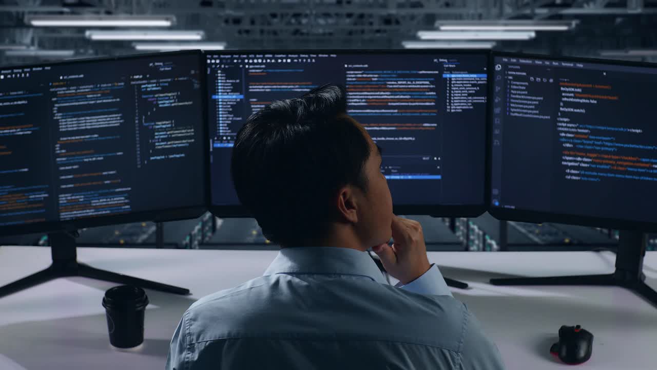 Programmer working in a server room