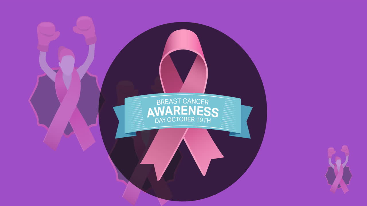 핑크색 유방암 리본 위에 유방암 인식 텍스트의 애니메이션