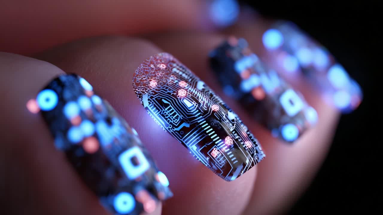 Captivating High-Tech Nail Art Showcasing Illuminated Circuit Patterns and Designs, Blending Fashion with Futuristic Technology for a Unique Artistic Expression