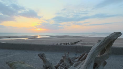 Rise-up-over-driftwood-revealing-beach,-calm-sea-during-sunset-in-slow-motion-at-Fleetwood,-Lancashire,-UK