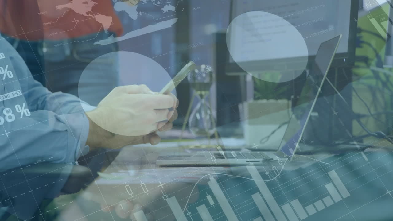 Animation of financial data processing over caucasian businessman using smartphone in office