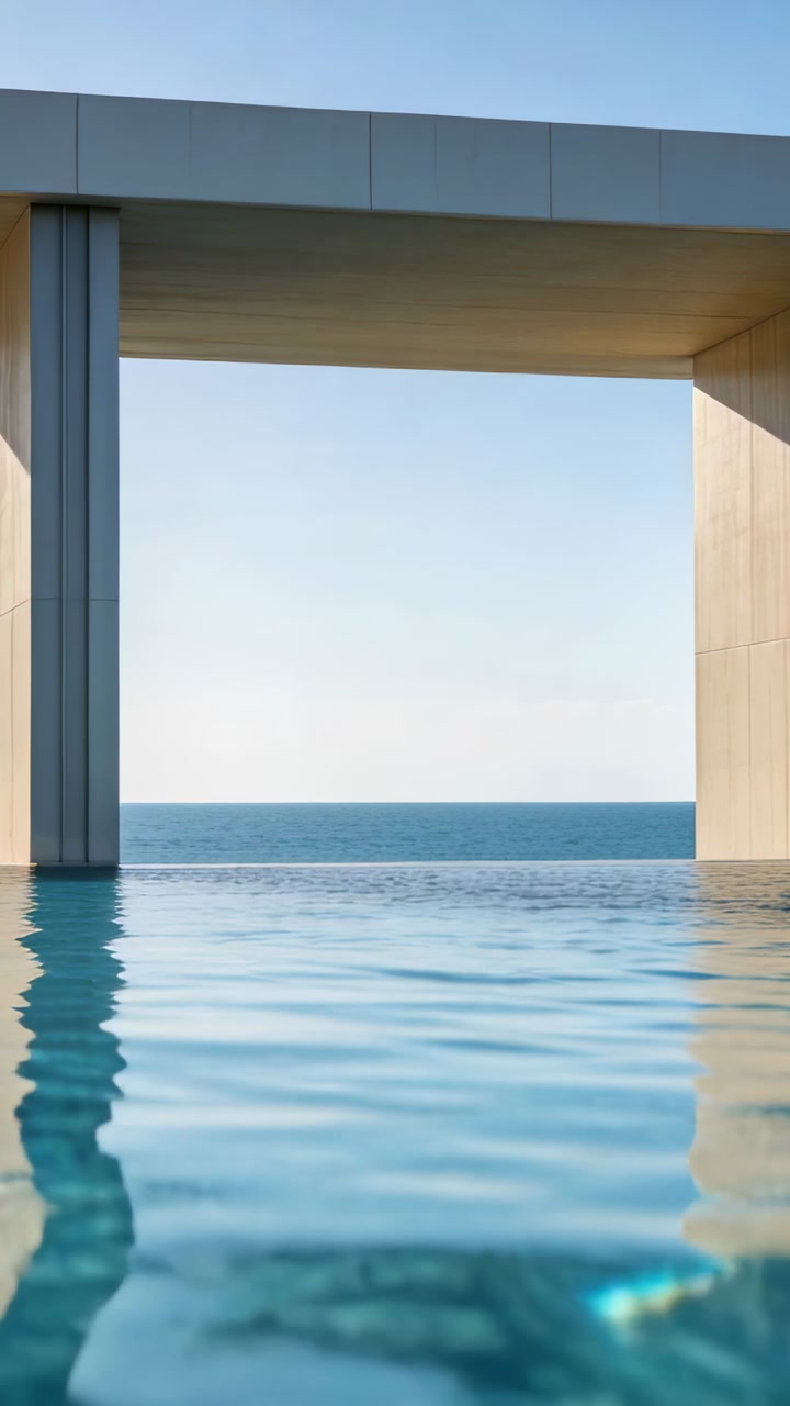 Vertical video: Panning camera capturing villa opening over infinity pool, framing calm sea view