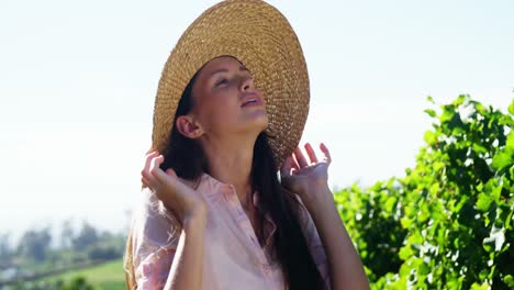 mujer de pie en el viñedo