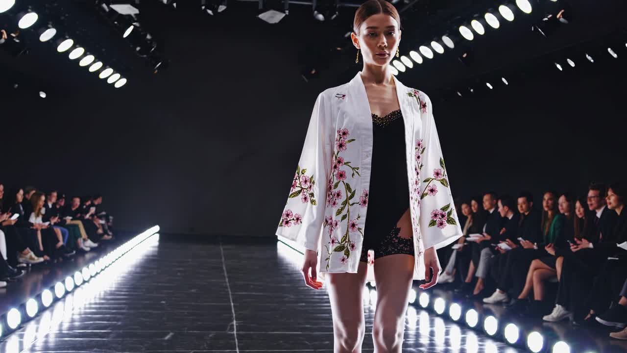 Modeshowvideo af en model i blomstret beklædning på en catwalk.