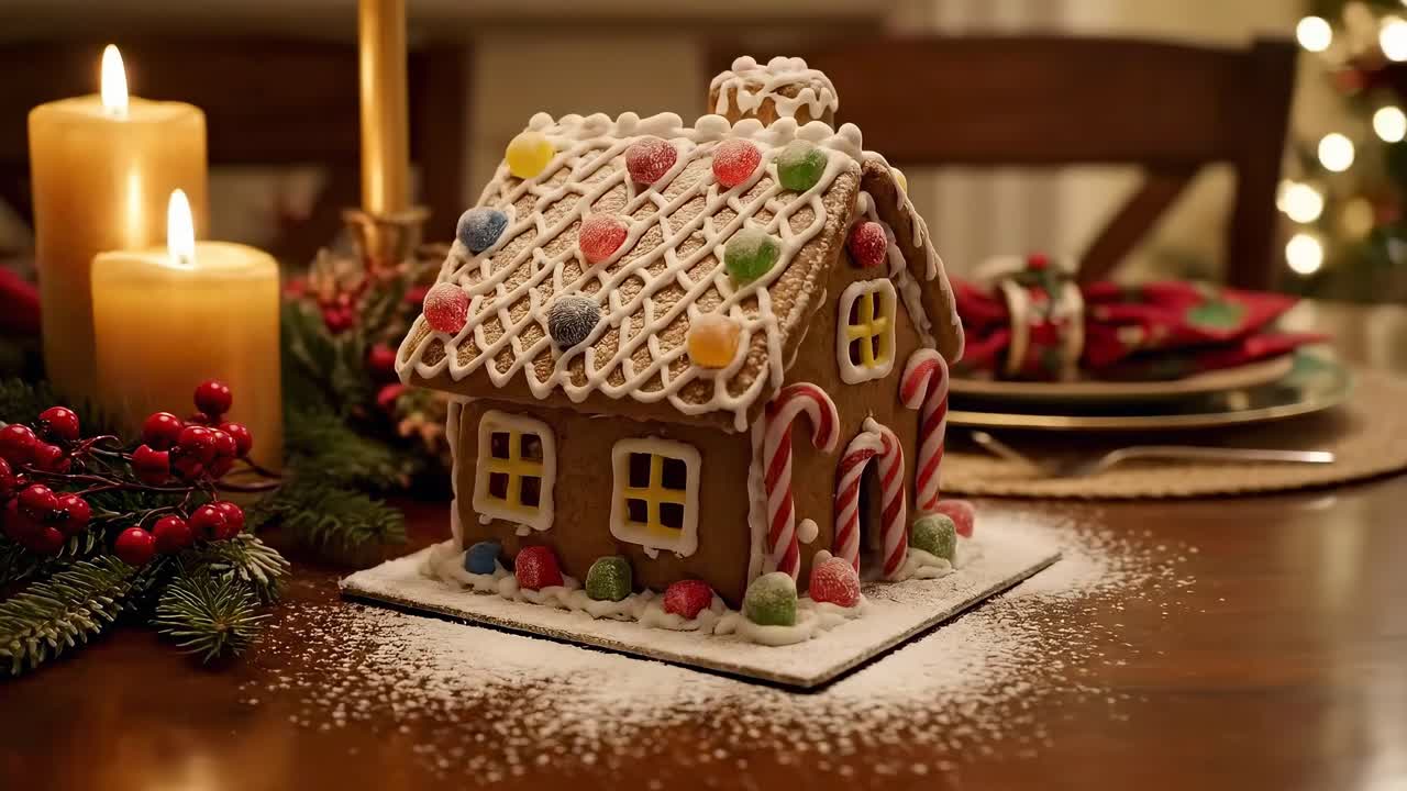Festive gingerbread house on a table, shot at eye level, perfect for a holiday video