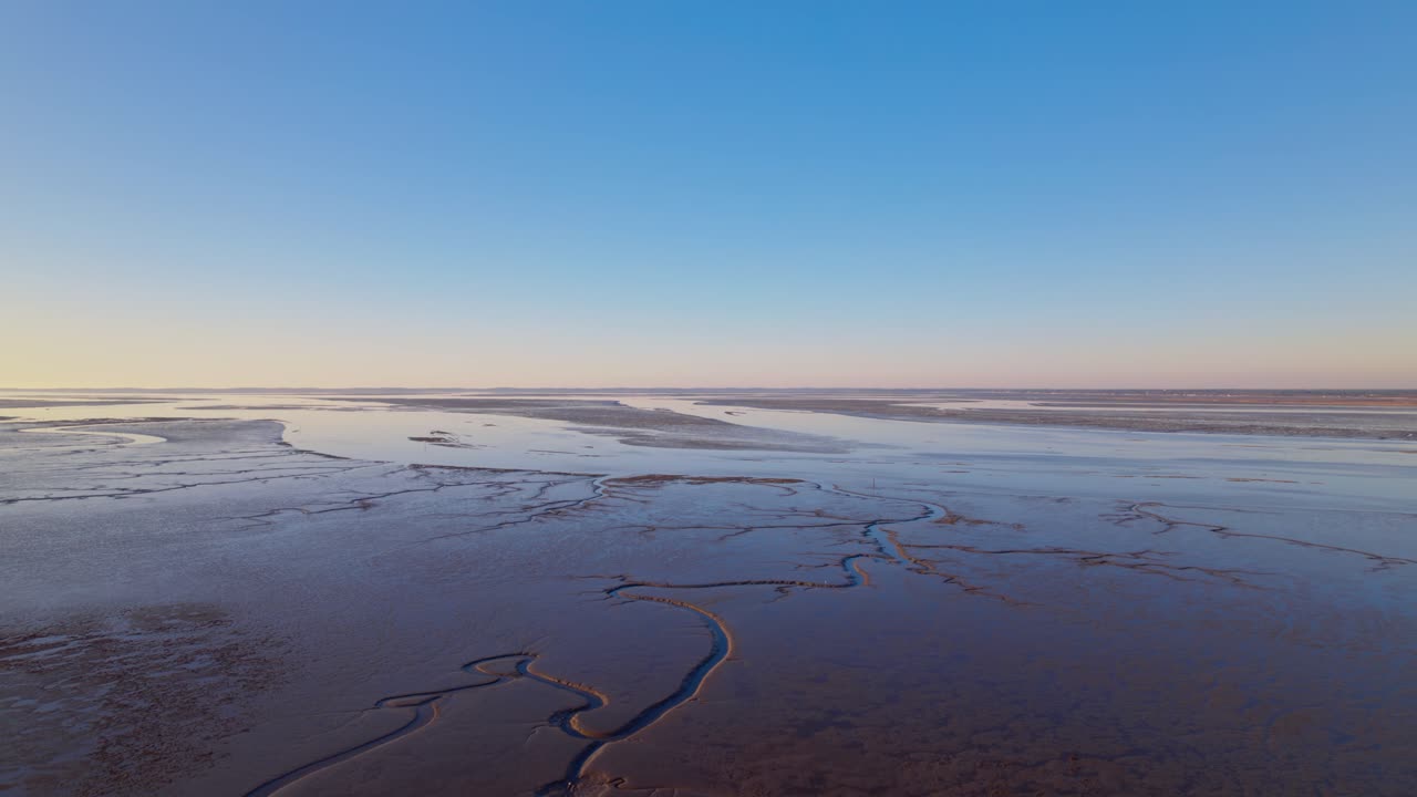 Mudflats On The Coast Near Gujan-Mestras During Low Tide. Bassin d'Arcachon In Gironde, France. wide aerial