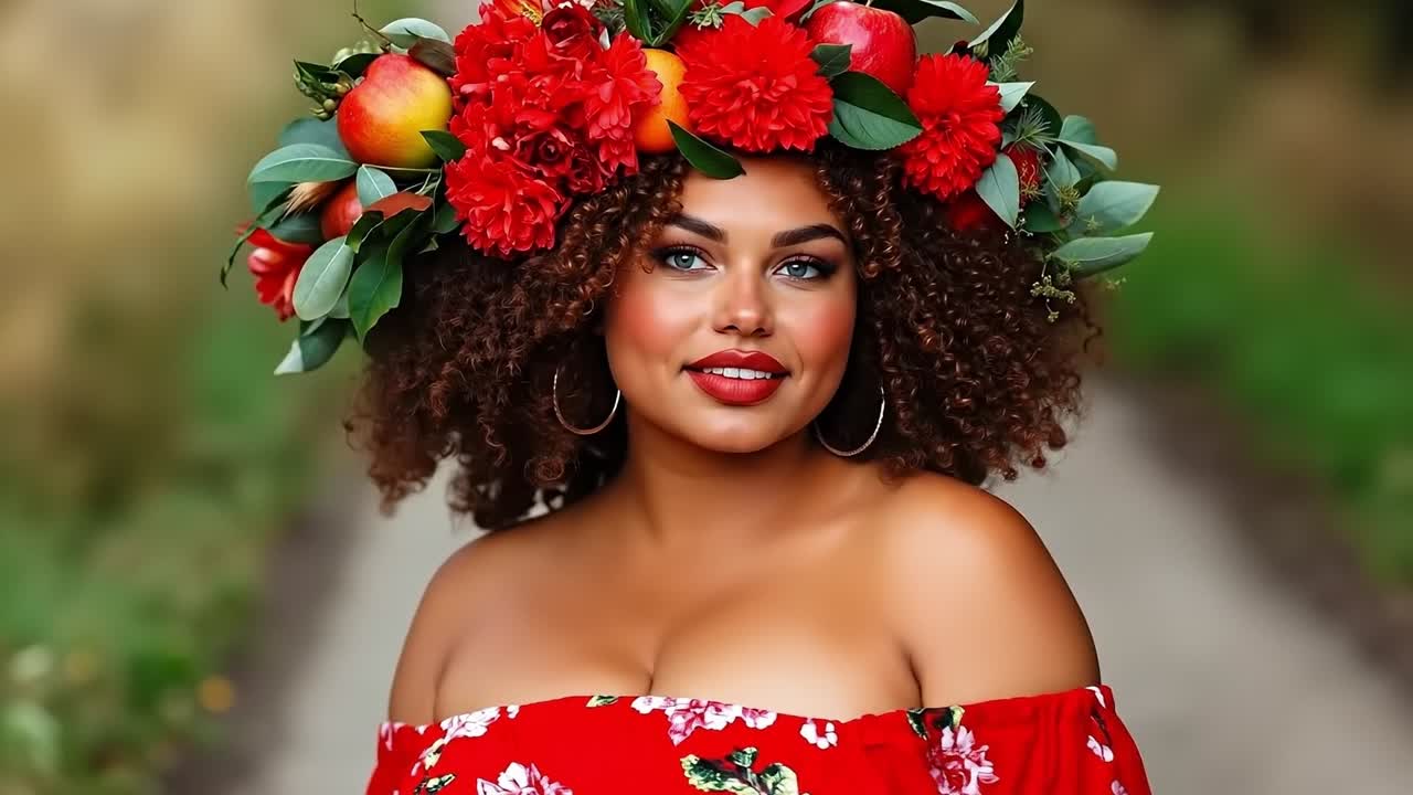 женщина в красном платье с цветочной короной на голове