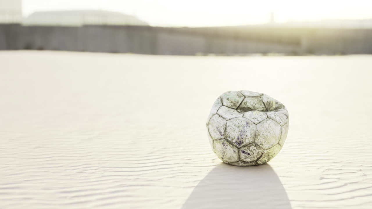 은 빛 에 해 가 지는 동안 모래 해변 에 휴식 하는 은 축구 공