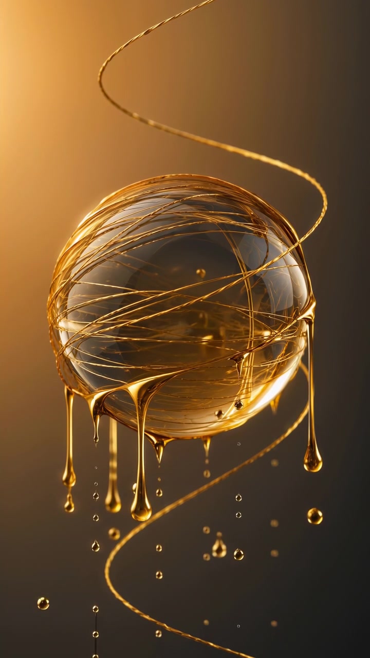Une sphère dorée avec des lignes tourbillonnantes, séquence statique sans action visible, sur fond sombre avec un effet lumineux autour d'elle, avec des accents dorés et noirs.
