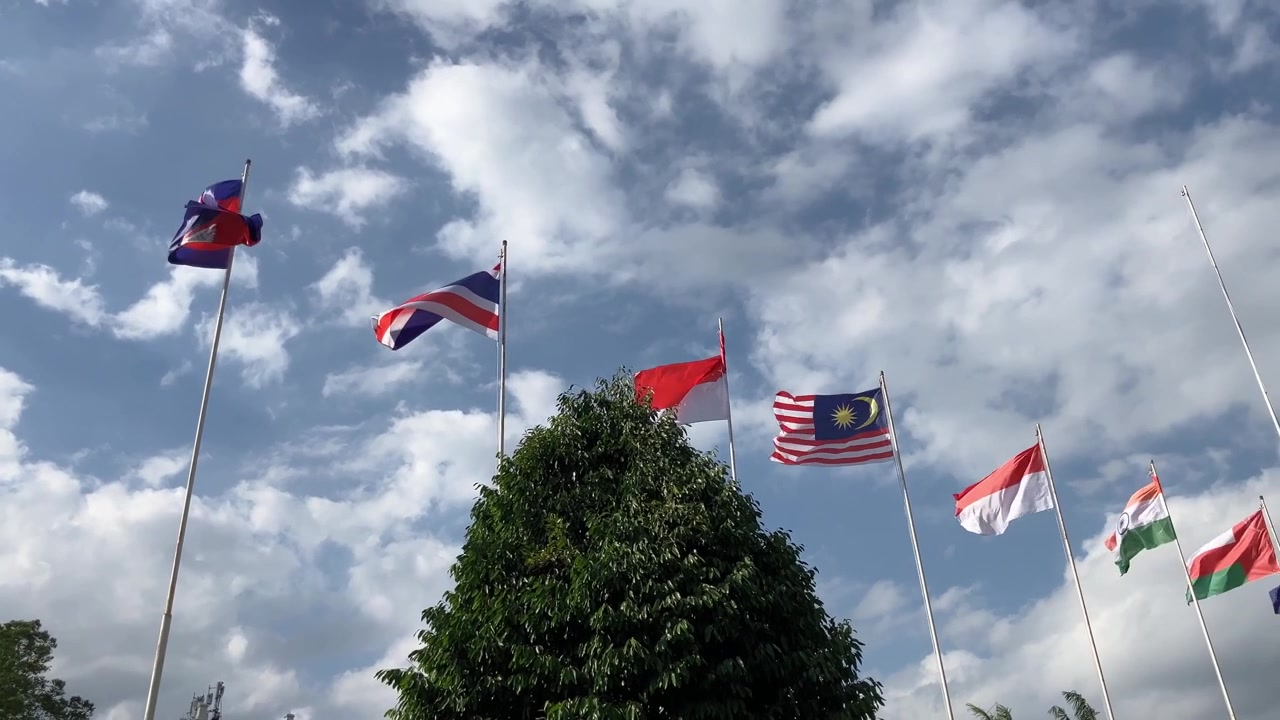 Clip al rallentatore di bandiere di più paesi del Sud-est asiatico e dell'Asia Pacifica che sventolano con orgoglio su aste contro un bellissimo cielo blu soleggiato con nuvole bianche. Concetto di diplomazia internazionale