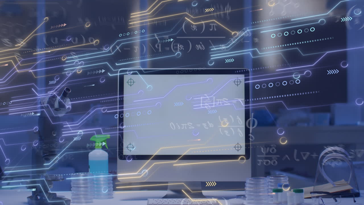 데이터 처리 및 컴퓨터 회로판의 애니메이션 컴퓨터 화면에 복사 공간이 있습니다.