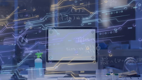 animación del procesamiento de datos y la placa de circuitos informáticos sobre la pantalla del ordenador con espacio para copiar