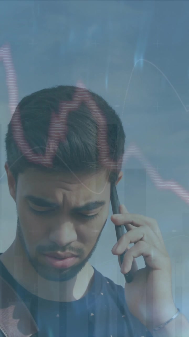 Animation of red line financial data processing over man on smartphone
