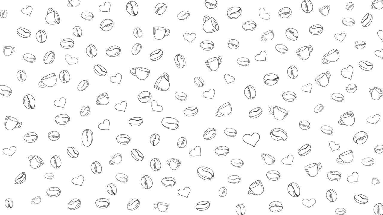 Minimalistisk stregtegningbaggrund med spredte kaffebønner, små kopper og hjerter tegnet med sort blæk på hvidt. Håndtegnet kaffebønne loop-animation.