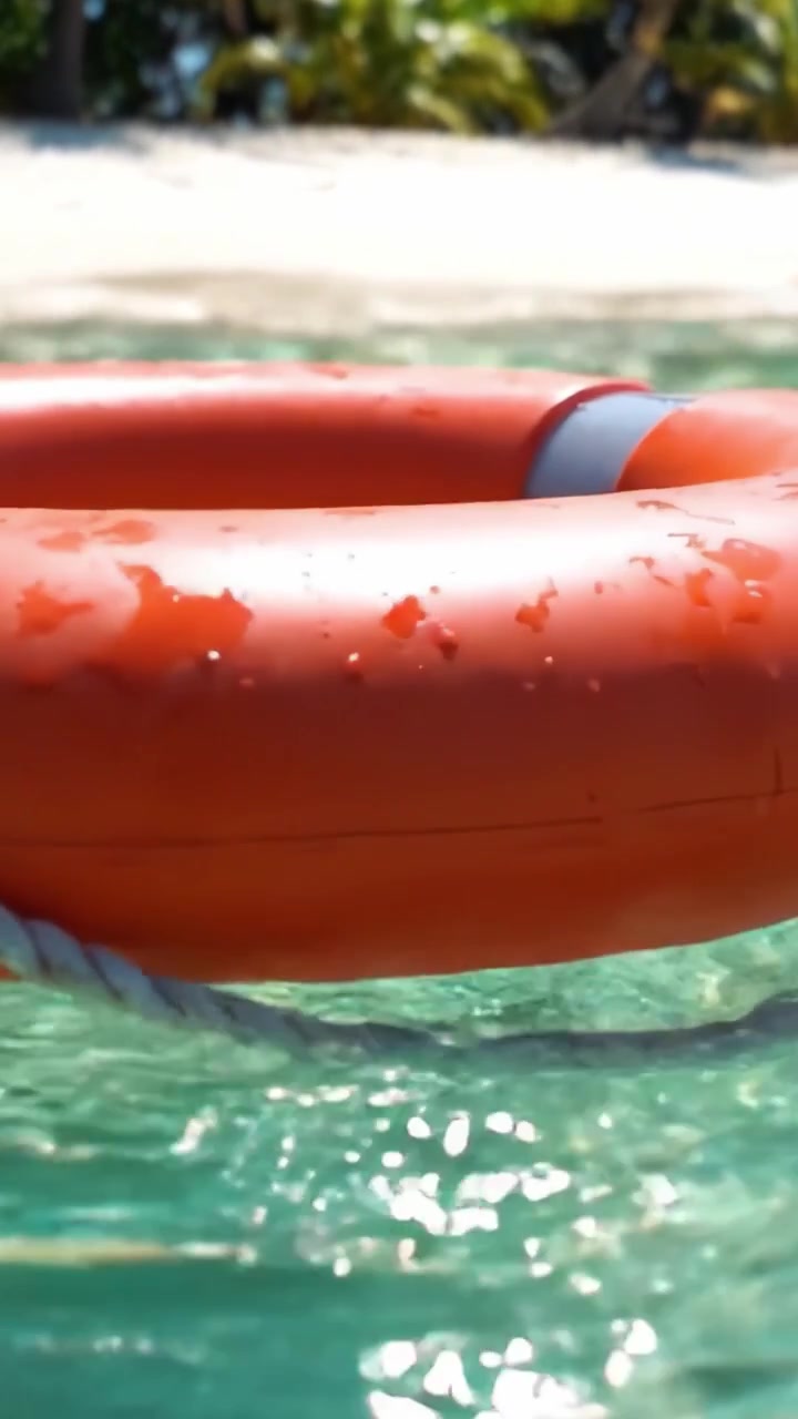 A Floating Lifebuoy in Crystal-Clear Waters, Perfectly Capturing a Tranquil Beach Scene with Sunlight Reflections and Tropical Backdrop