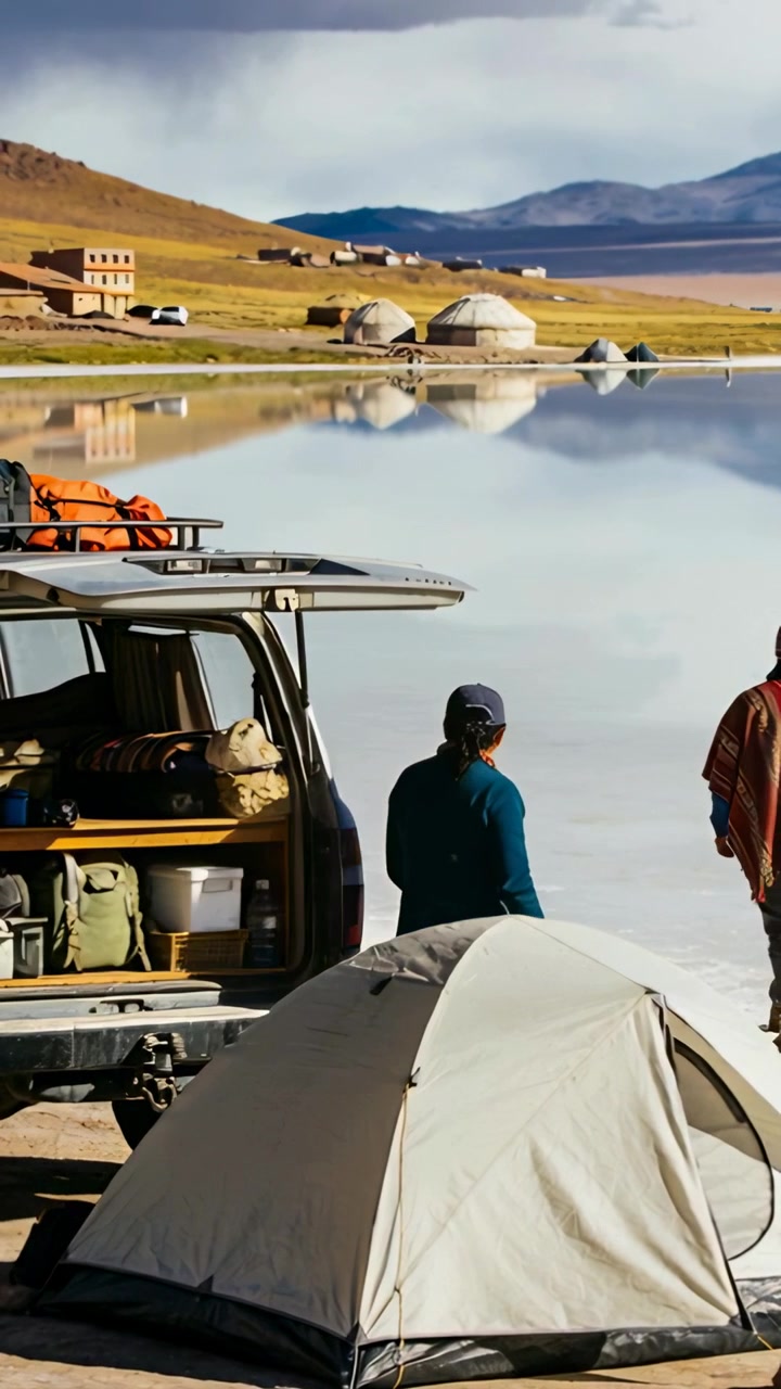 Vertical video: Hatch opening, woman unpacking SUV after arrival by tent at lake