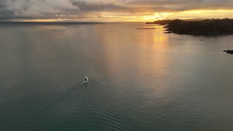 aerial footage capturing a small boat sailing towards shoreline in the oneroa area of waiheke island, new zealand. the sunrise casts a golden glow over the calm coastal waters