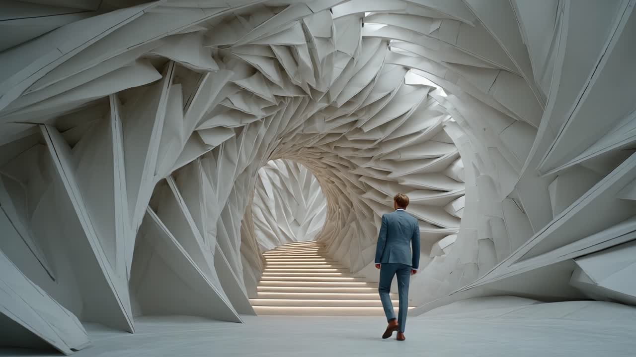 A Man in a Suit Walking Through a Stunningly Designed Modern Architectural Passageway with Intricate Textures and Soft Lighting