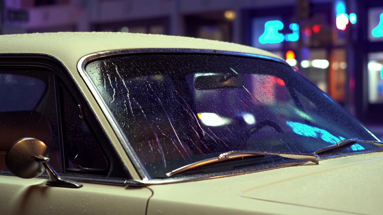 Close-up nighttime scene of classic car windshield and roof covered in rain droplets, glossy water streaks, neon reflections, and soft city glow, creating nostalgic moody atmosphere