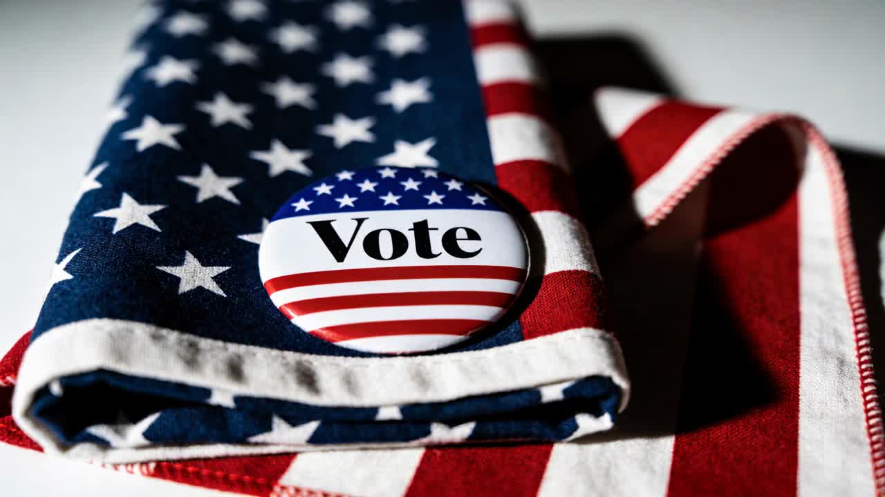 Adjusting focus, camera capturing folded US flag on white surface to highlight Vote button