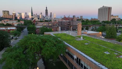 brick school with green roof in downtown chicago, illinois