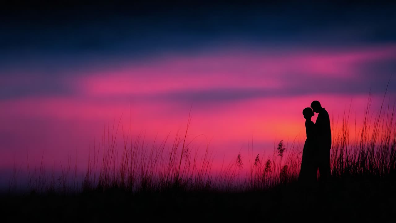 A Romantic Silhouette: A Couple Embracing at Dusk Under a Vibrant Sky with Hues of Pink and Purple, Capturing the Essence of Love and Connection in Nature