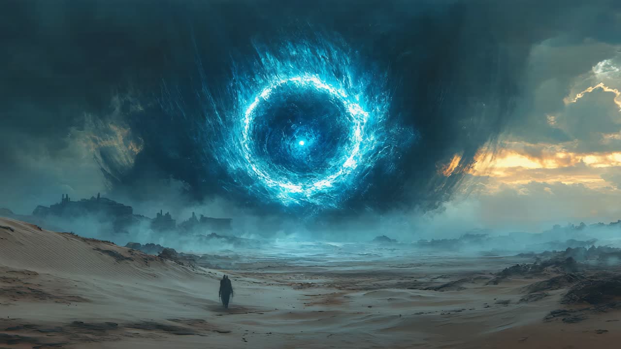 A Person Approaches a Portal in a Desert Landscape