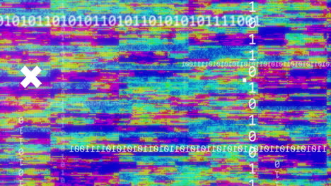 White crosses overlaying animation with binary code and colorful glitch patterns