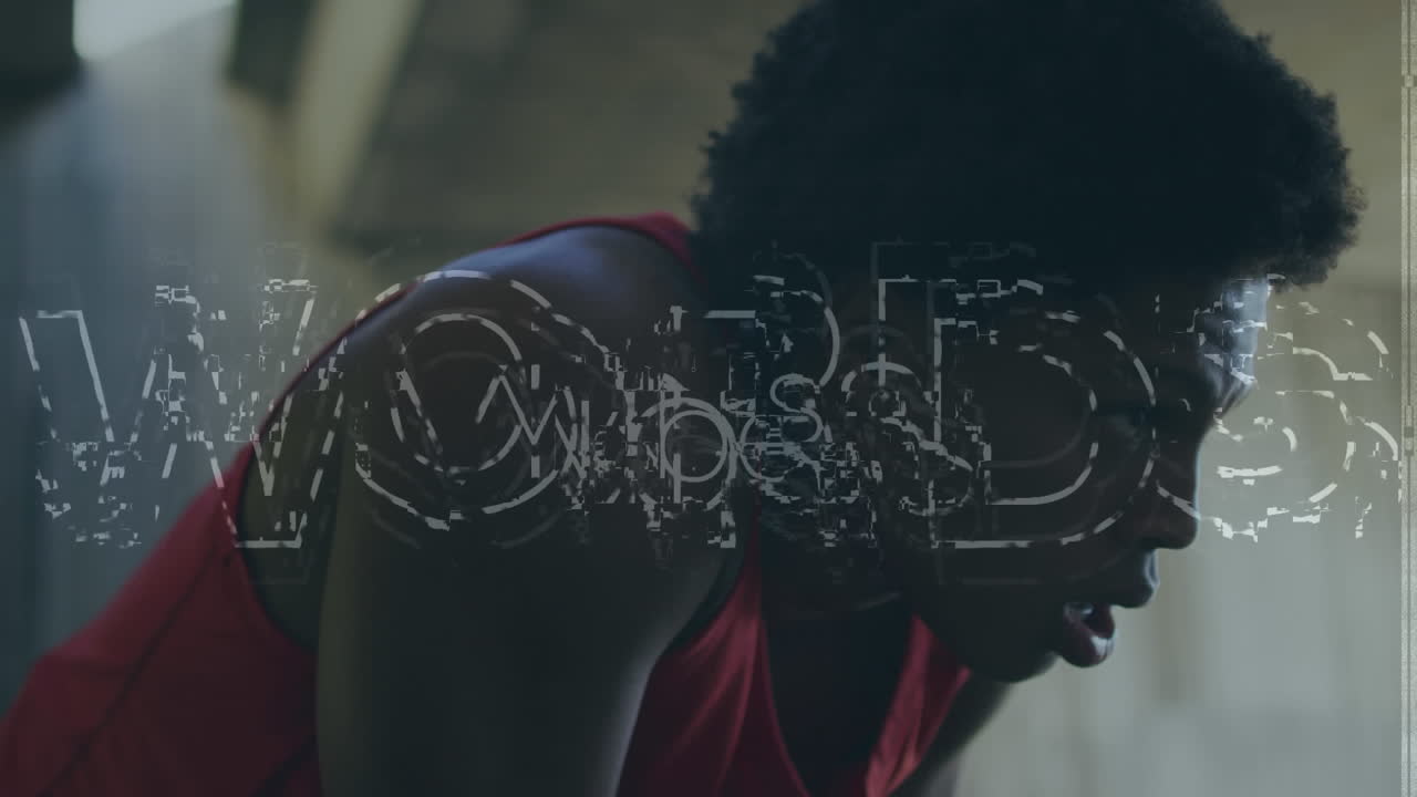 animación de vibraciones texto y interferencia sobre deportista biracial