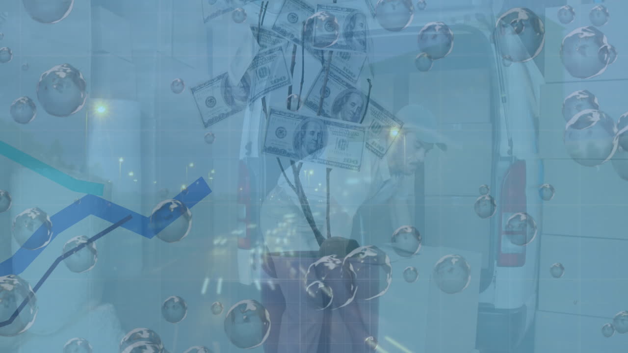 그래프, 거품, 돈 플랜트 및 차량의 애니메이션 카우카시안 노동자 차량에 상자를 유지