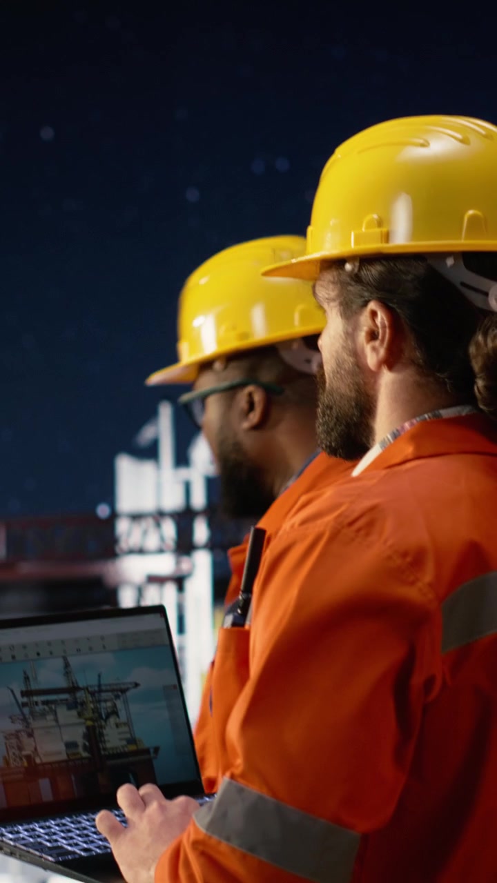 Vertical video Monitoring drilling ship, oil crisis affecting logistics and men using laptop