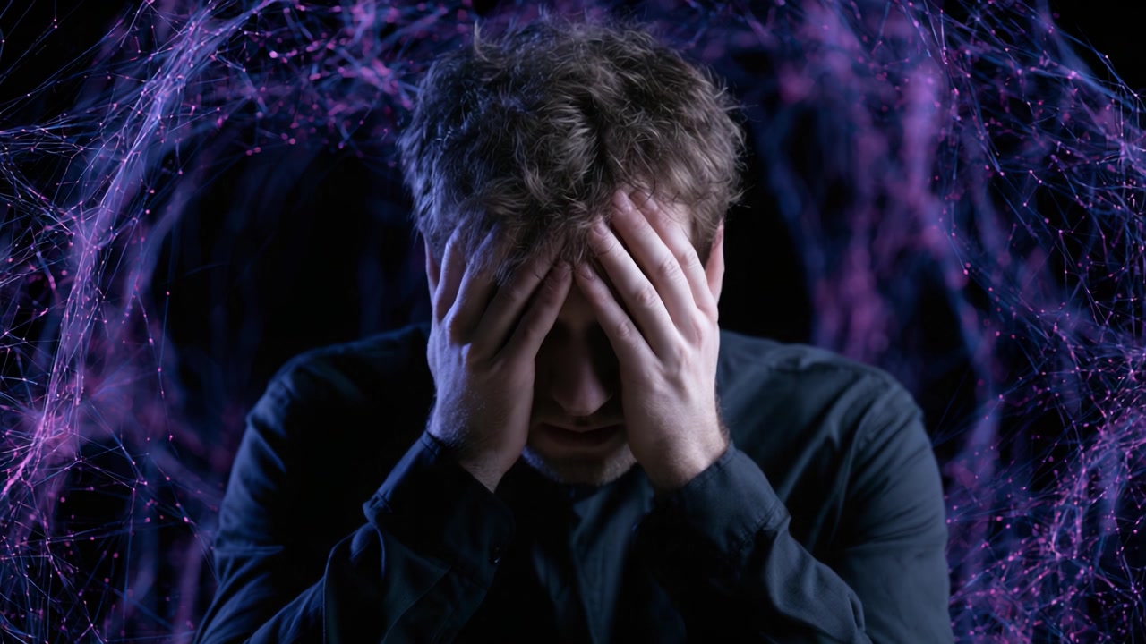 Un'Intensa Lotta Emotiva: Una Persona Che Si Afferra la Testa in Preda all'Angoscia, Circondata da Motivi Astratti Che Simboleggiano il Tumulto Interiore e il Caos Mentale