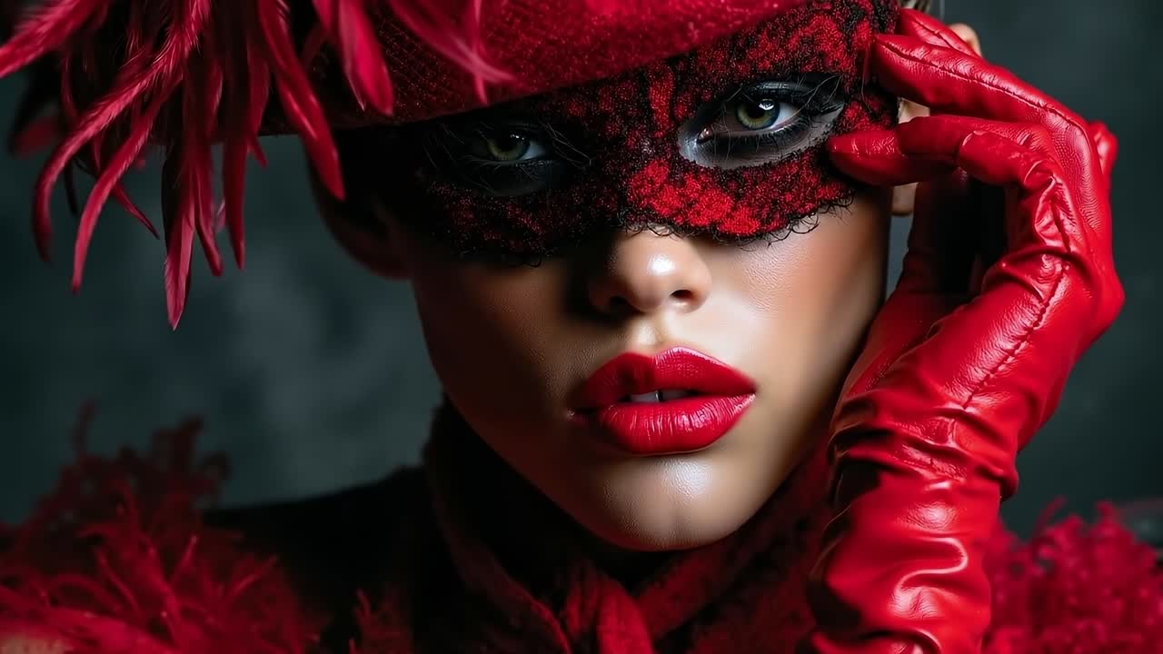 A woman wearing a red mask and red gloves