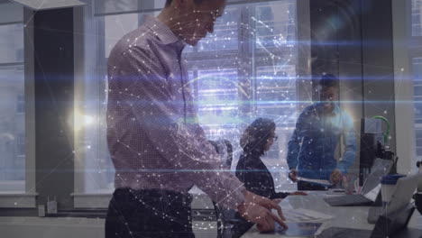 working with digital network connections overlay, business professionals in office