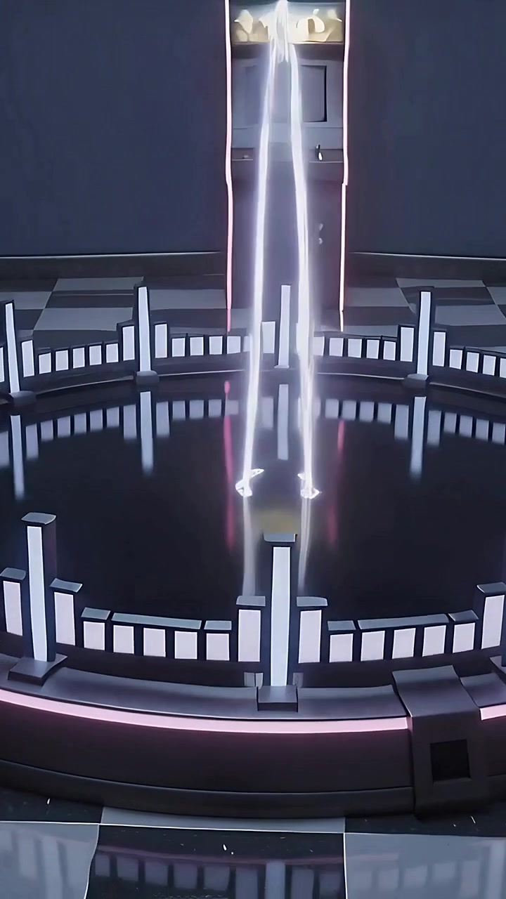 Video verticale: Palco rotondo che proietta un fascio luminoso dal centro nella stanza, bordo al neon, mobiletto